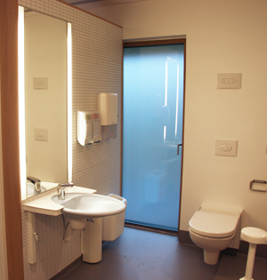 Accessible bathroom with Ropox SwingLine washbasin